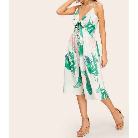 White Leaf Print Cut Out Button Down Midi Dress - Picture 5 of 6